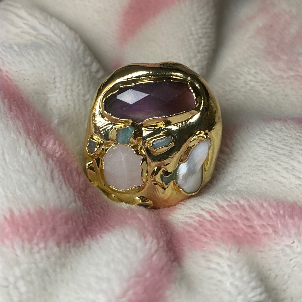 Real Hanadama Pearl, Amethyst and Stone 18k GP Ring